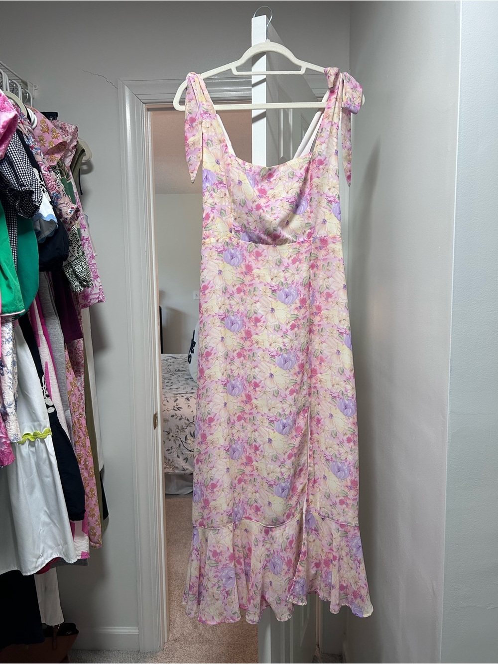 Lulu's Pastel Pink & Lavender Floral Tie-Shoulder Maxi Dress